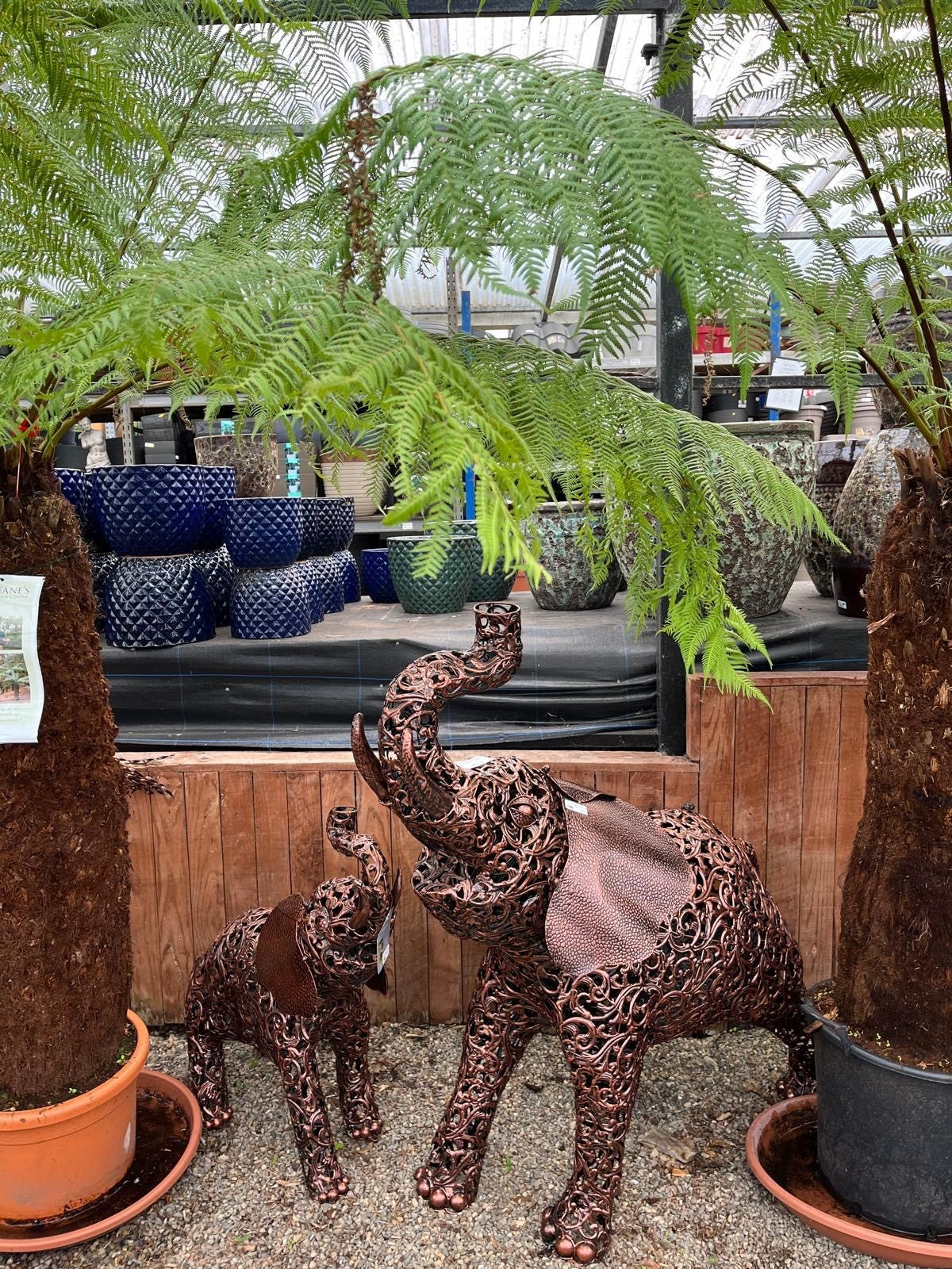 Decorative metal elephant and calf sculptures in a greenhouse setting with plants and pots.