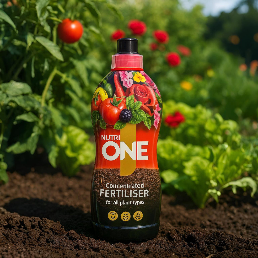 Bottle of Nutri One fertiliser in a garden setting with plants and flowers.