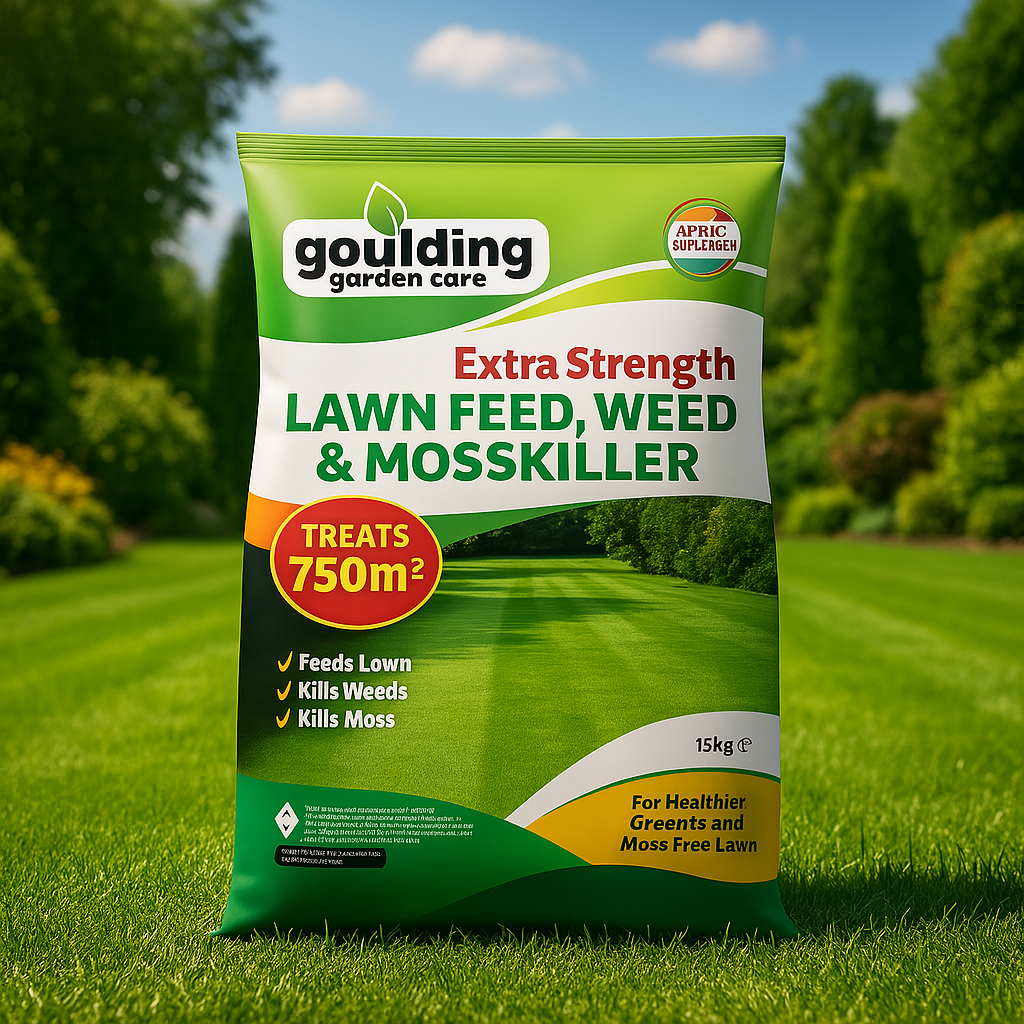 Goulding Garden Care lawn care product package on a grassy background